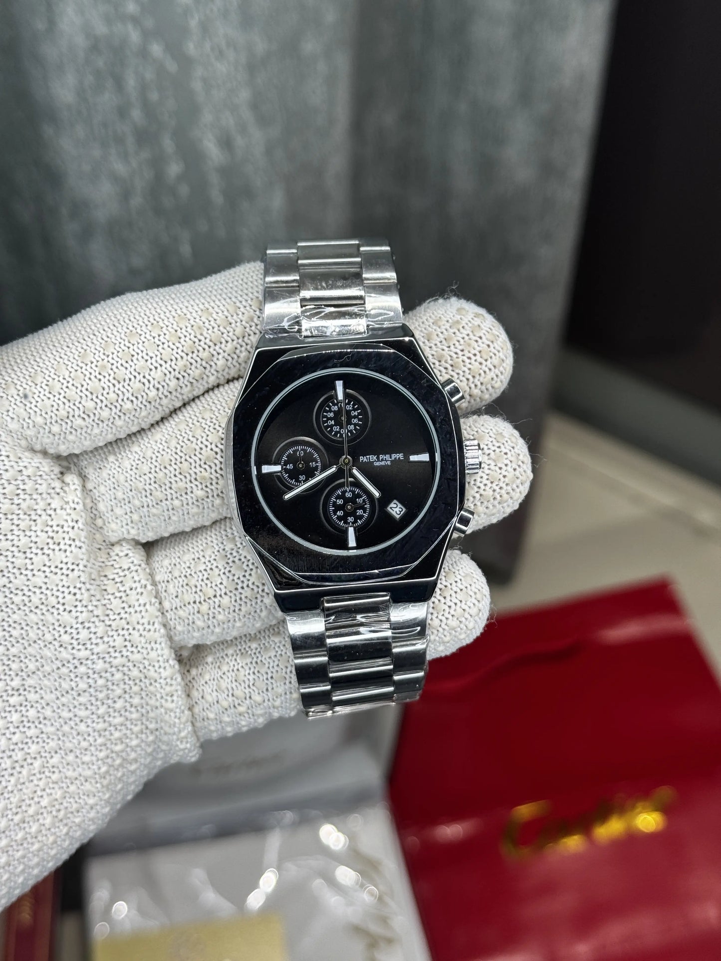 Patek Philippe Silver Black Chronograph Premium Watch