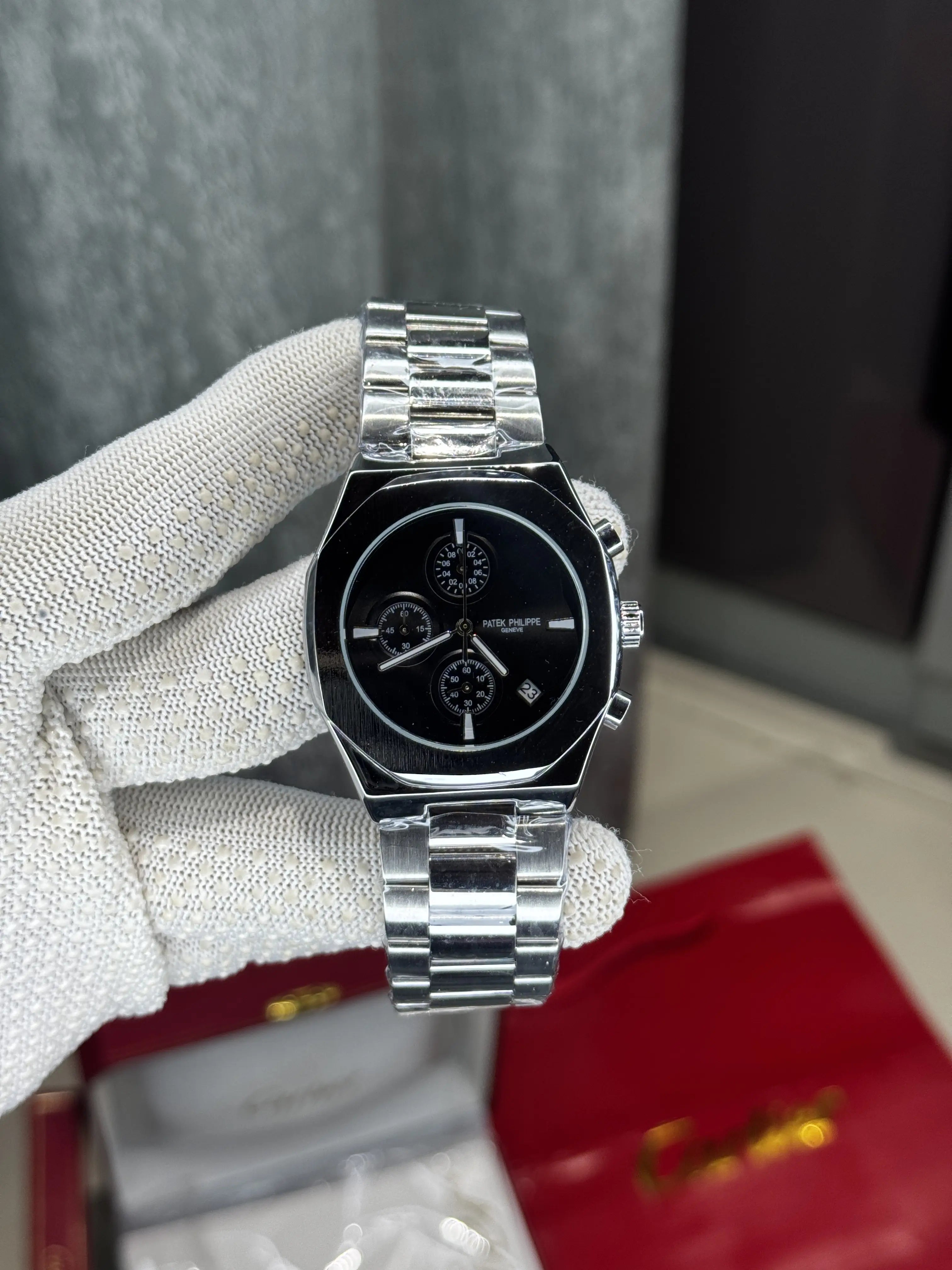 Patek Philippe Silver Black Chronograph Premium Watch