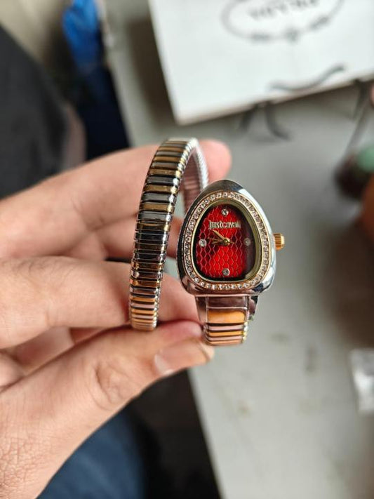 JUST CAVALLI SNAKE WATCH SINGLE RING ANALOGE WATCH TT GOLD RED 199